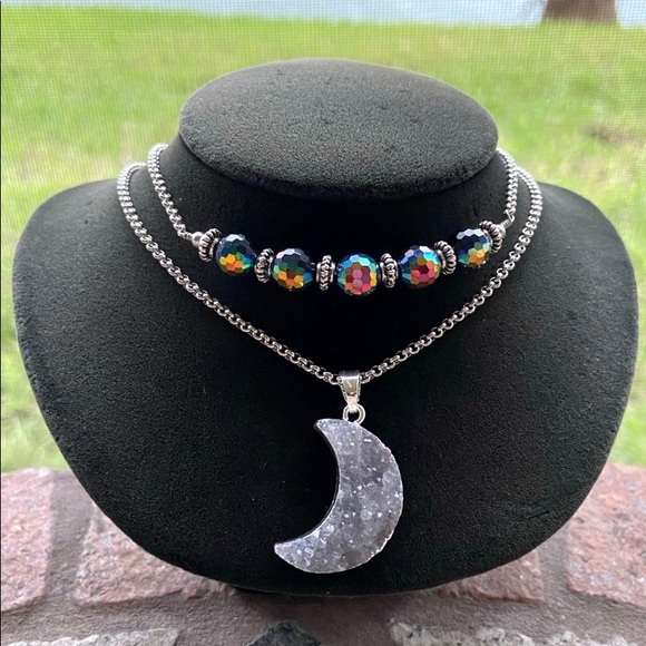 Druzy quartz moon double layer stainless steel chains boho iridescent necklace - Picture 11 of 12
